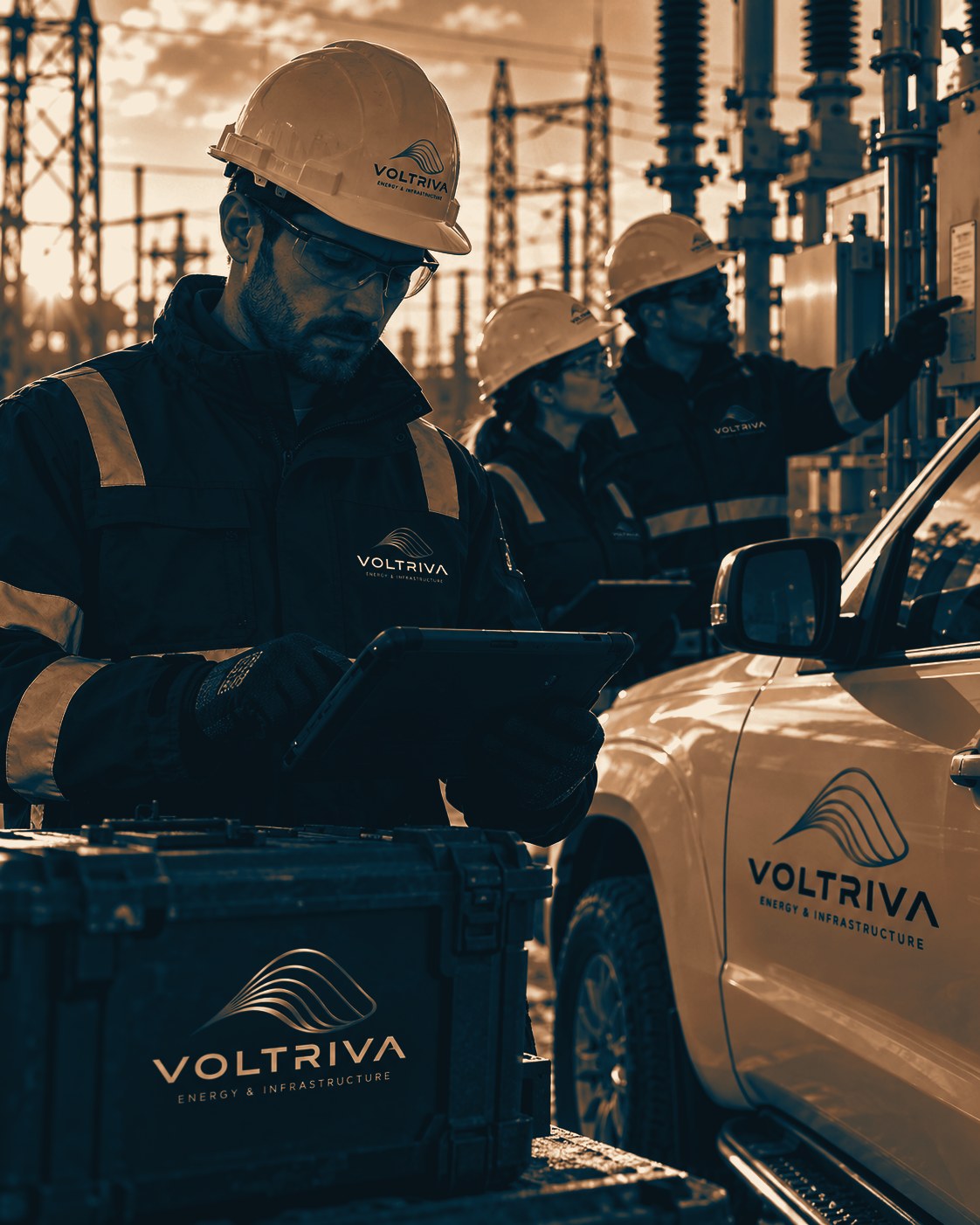Equipe da VOLTRIVA em campo, de uniforme e capacete, consultando um tablet em uma subestação
